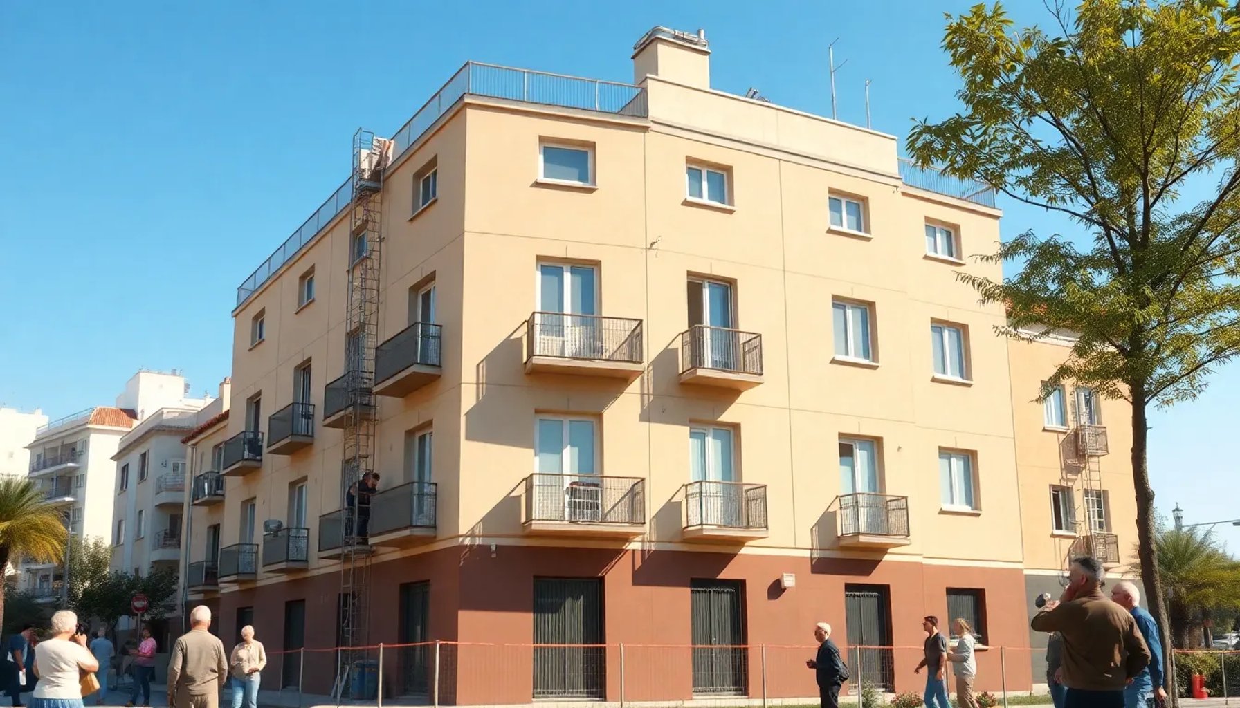 Edificio residencial en un barrio de Madrid con trabajadores instalando un ascensor mientras observan residentes mayores