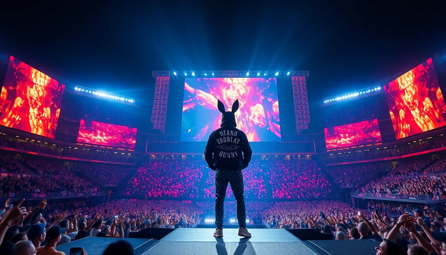 Bad Bunny en el escenario del Estadio Metropolitano de Madrid, rodeado de luces y pantalla LED, mientras el público vibra al ritmo del reggaetón.