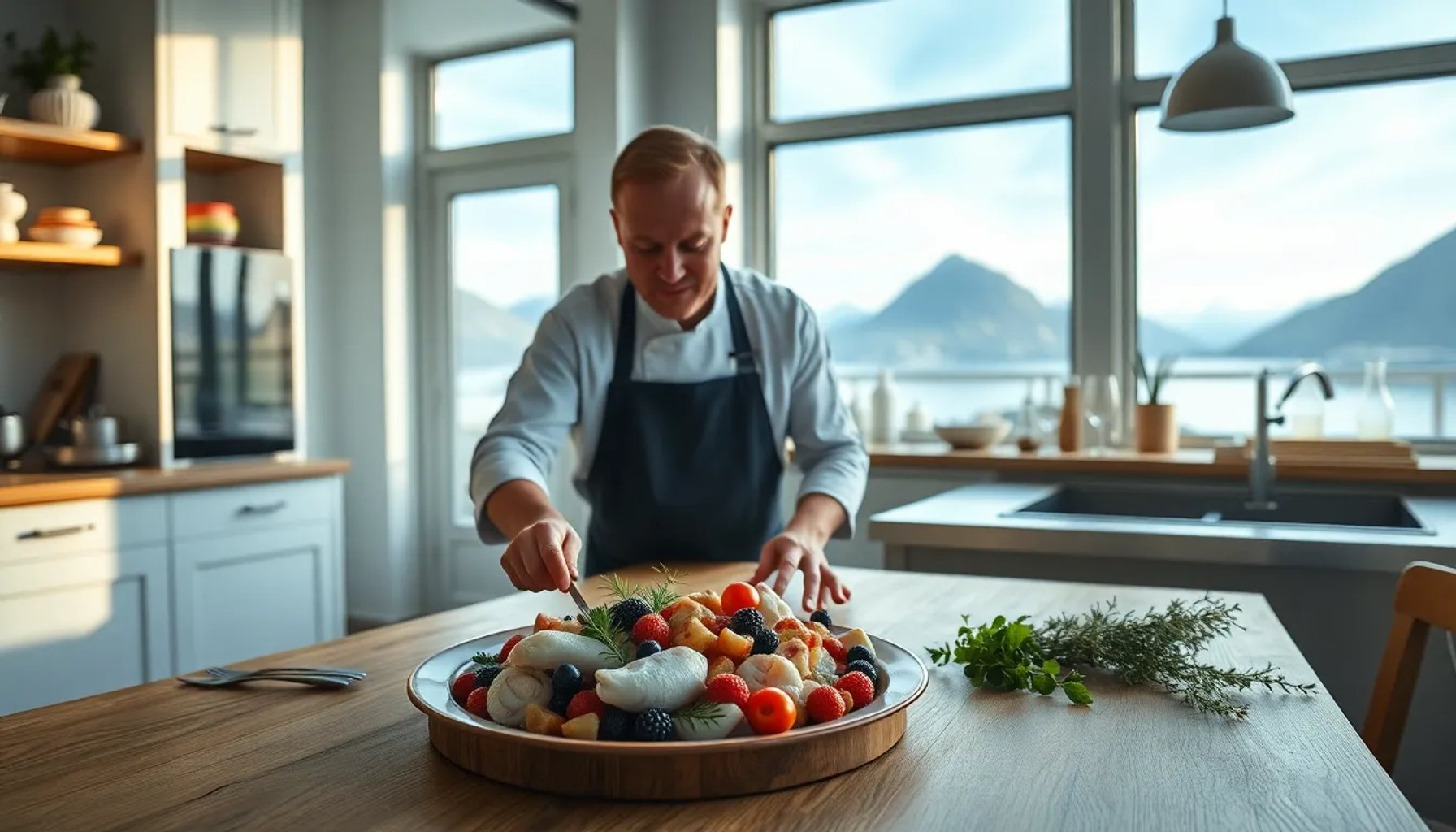 Chef nórdico preparando un plato con ingredientes locales bajo la luz de la aurora boreal