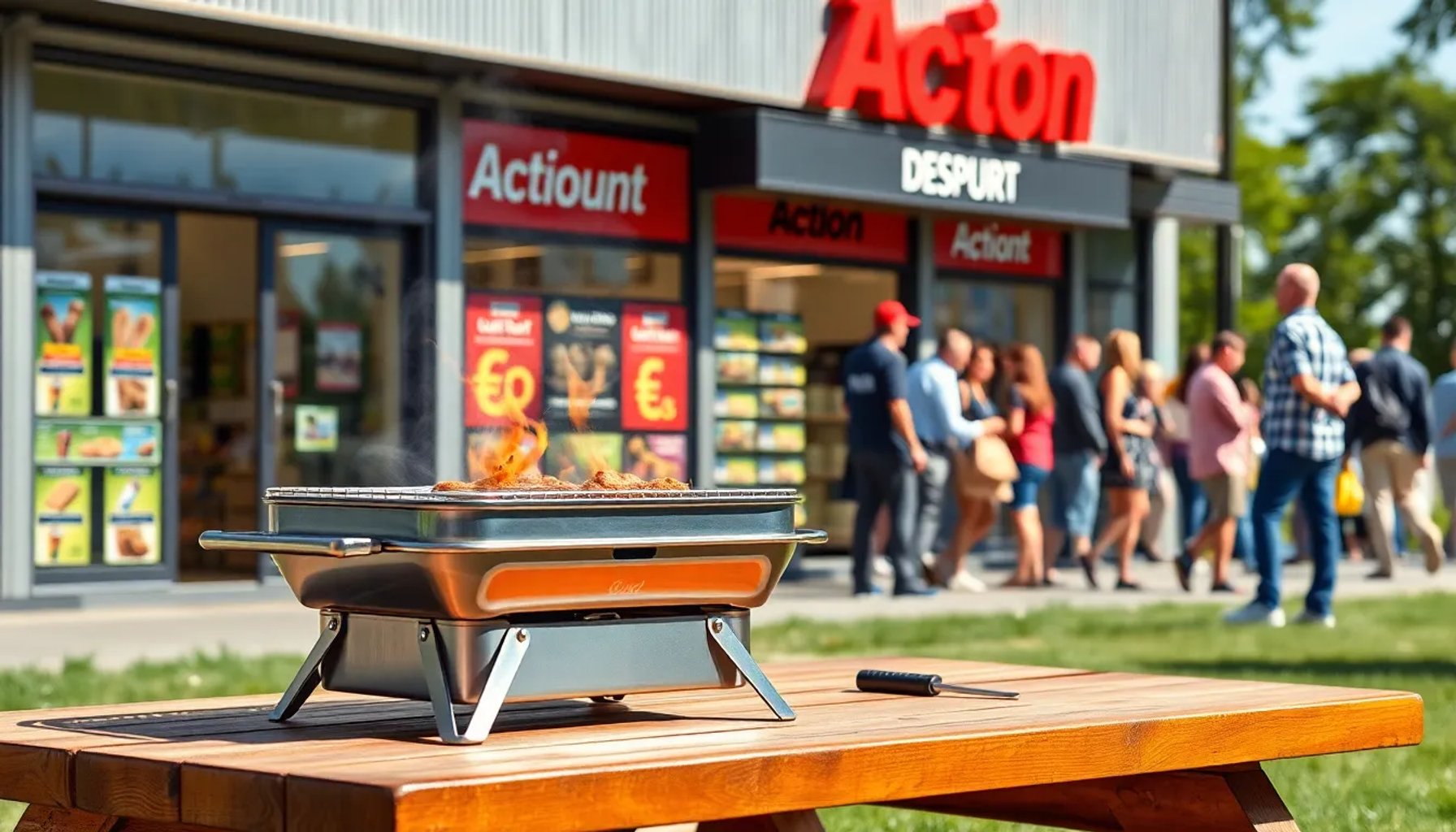 Barbacoa portátil de acero sobre una mesa de picnic, rodeada de gente esperando en una fila frente a la fachada de Action