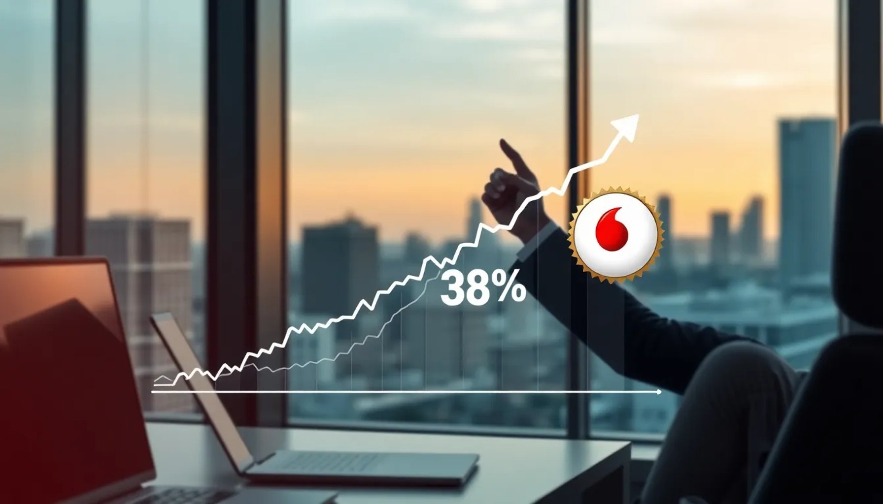 Ilustración que muestra un aumento del potencial de crecimiento de una acción junto al logotipo de Vodafone y un gráfico financiero ascendente