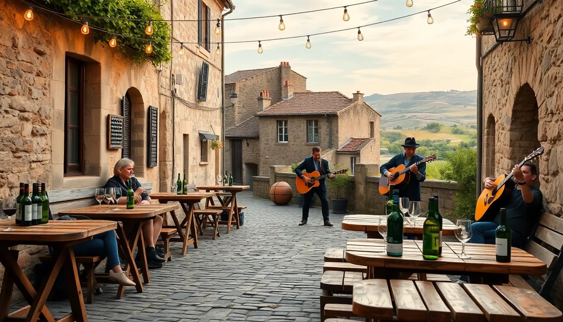Calle empedrada de Barro con puestos de cata de vino y músicos tocando al aire libre
