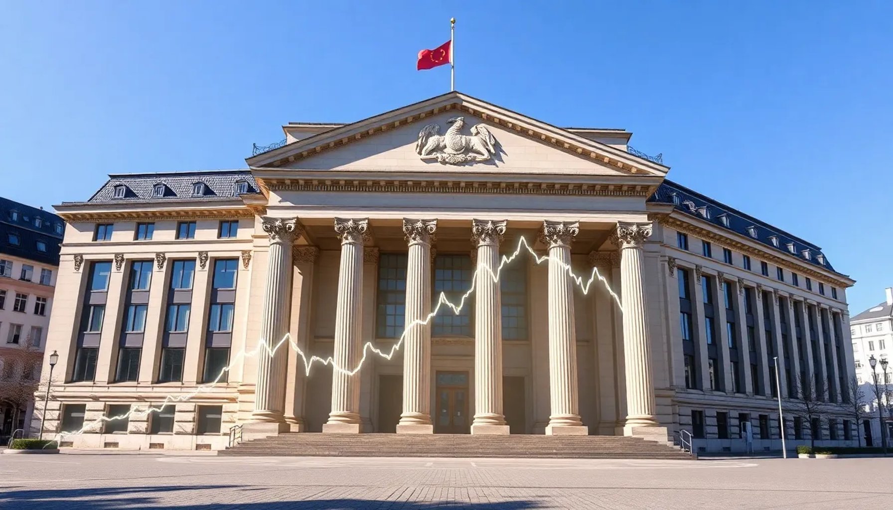 Imagen del edificio del Banco Central Europeo con gráficos de tipos de interés al alza