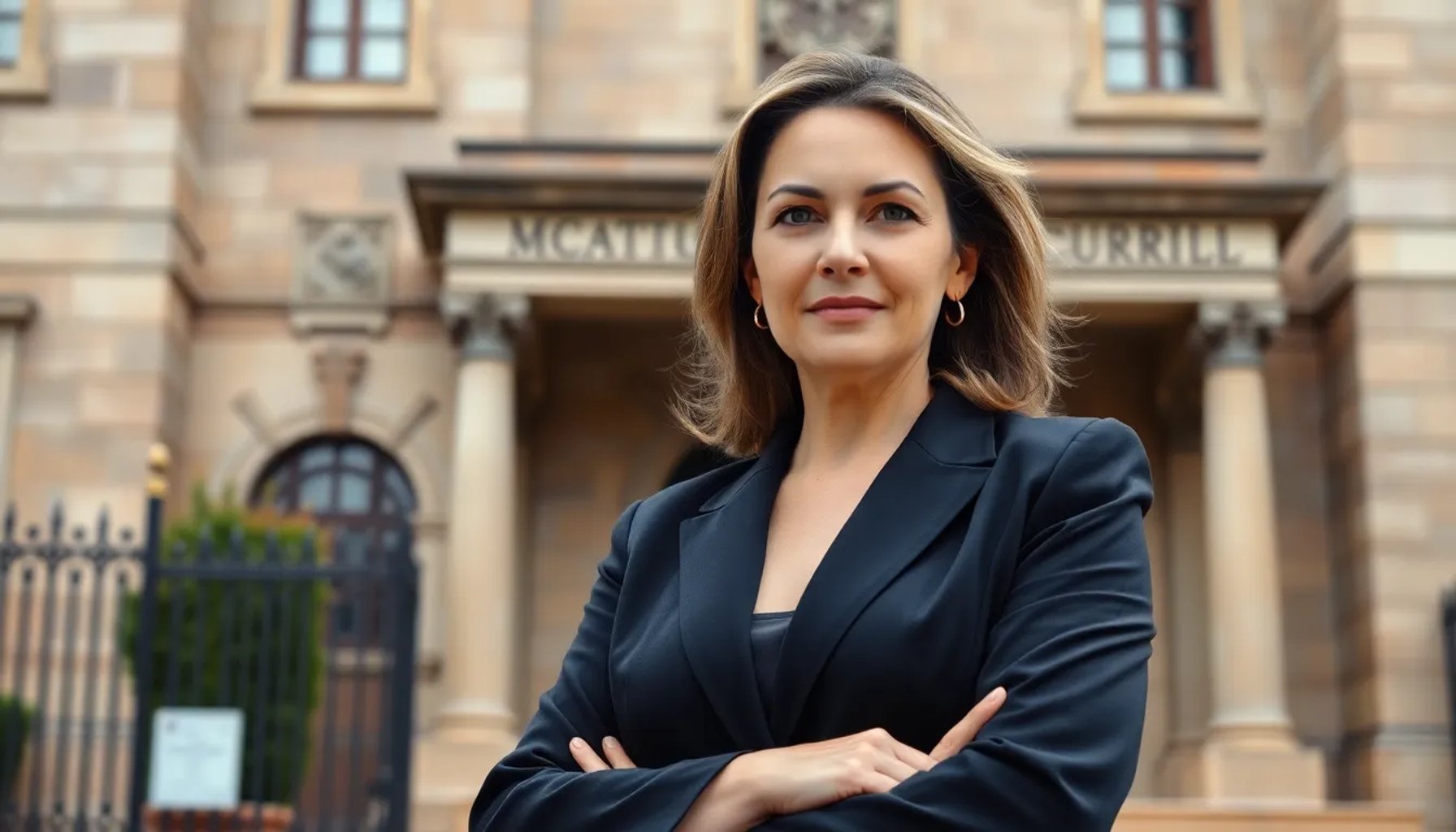 Begoña Gómez frente al juzgado, acompañada de su equipo legal, mirando hacia la entrada del edificio judicial