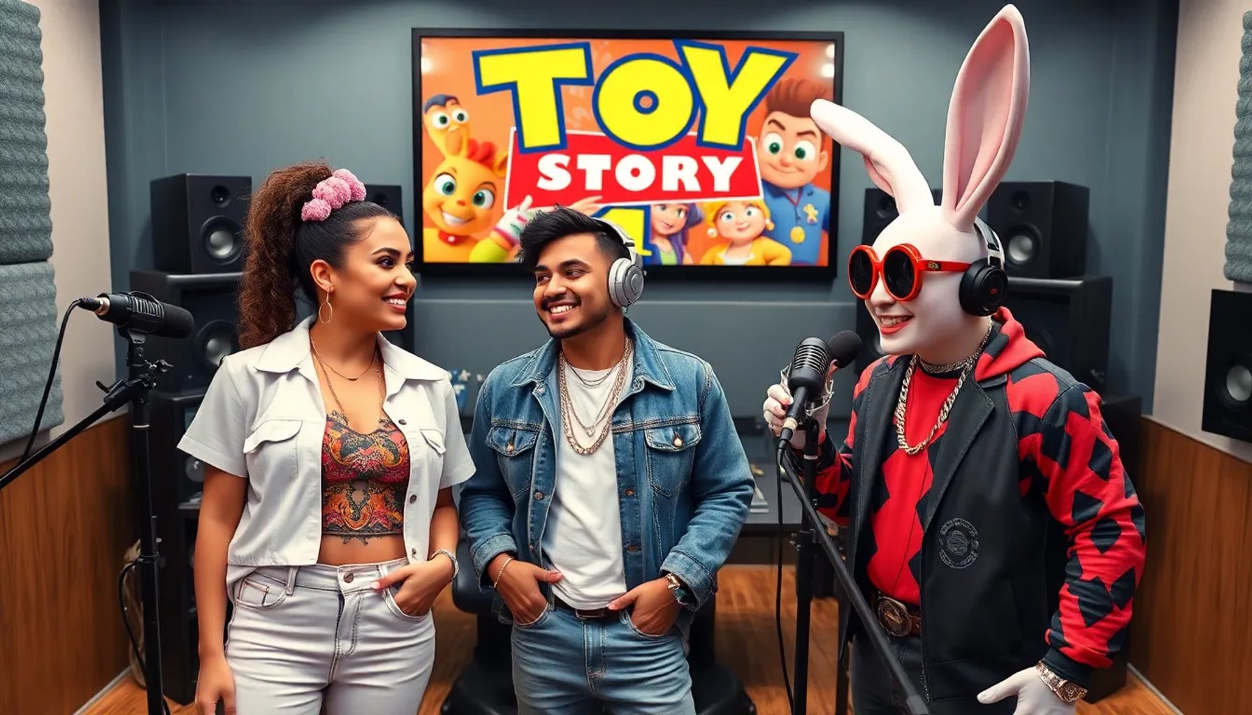 Belinda, Bizarrap y Bad Bunny en un estudio de grabación, sonriendo mientras sostienen guiones de Toy Story 5