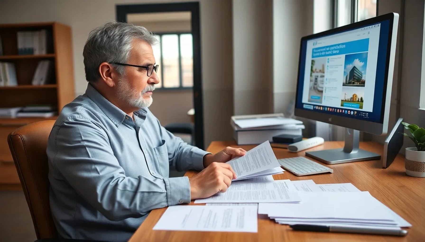 Persona revisando documentos de ayuda social en una oficina de la Seguridad Social