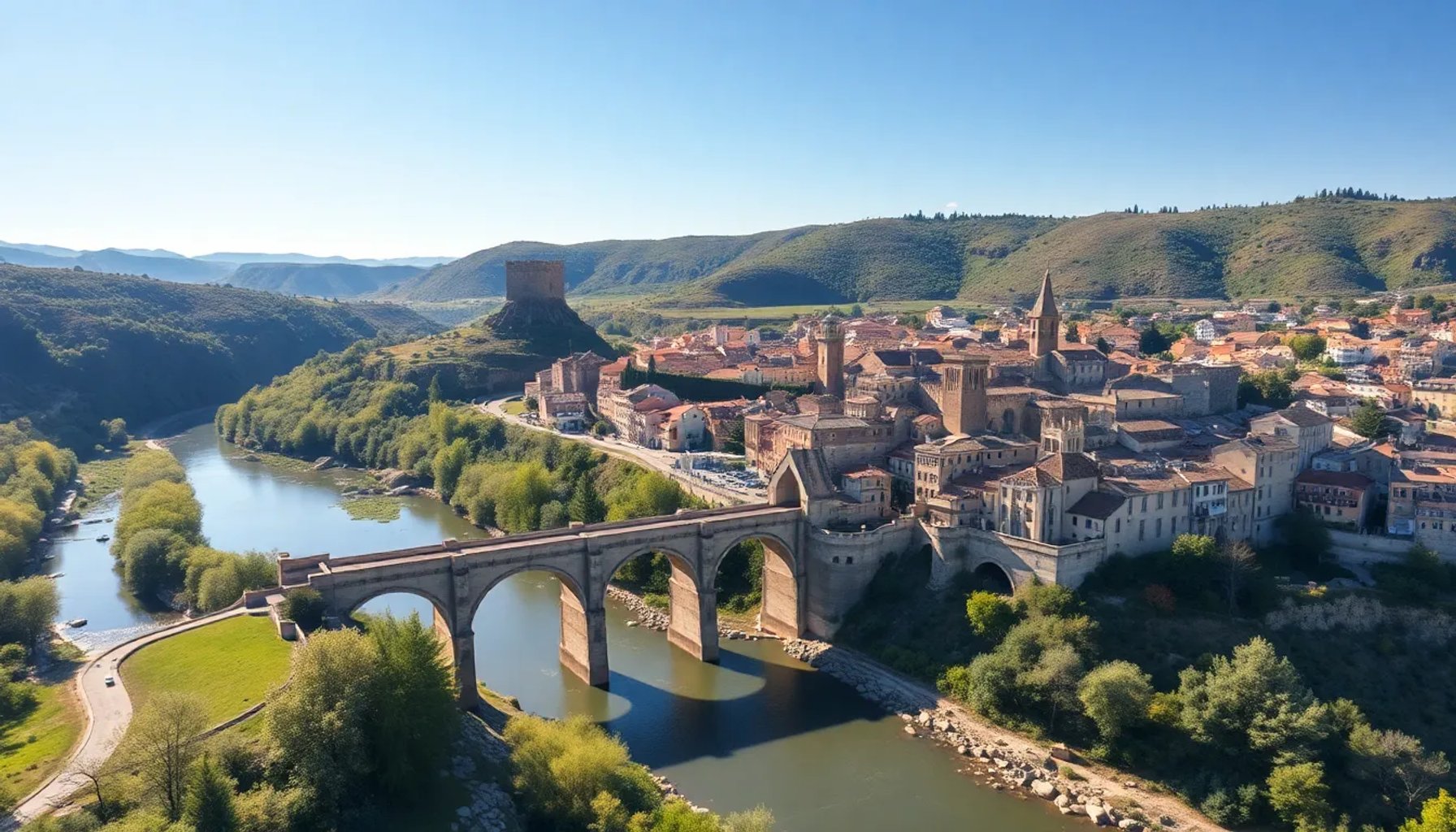 Vista aérea del pueblo medieval de Besalú con su puente de piedra y el fondo de volcanes de la Garrotxa