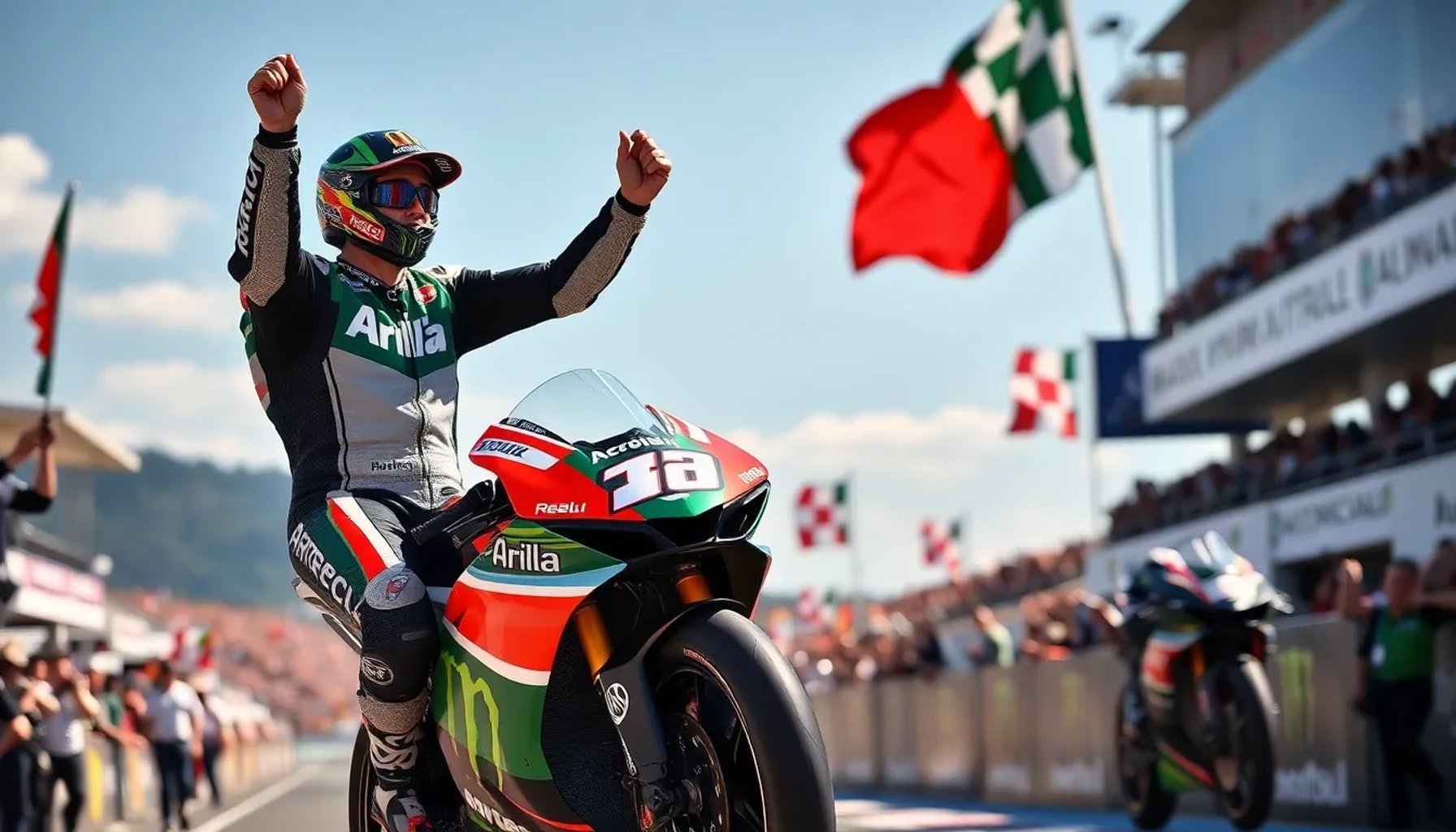 Marco Bezzecchi celebra su victoria en el Gran Premio de Italia 2026 en el circuito de Mugello, con la bandera a cuadros ondeando al fondo