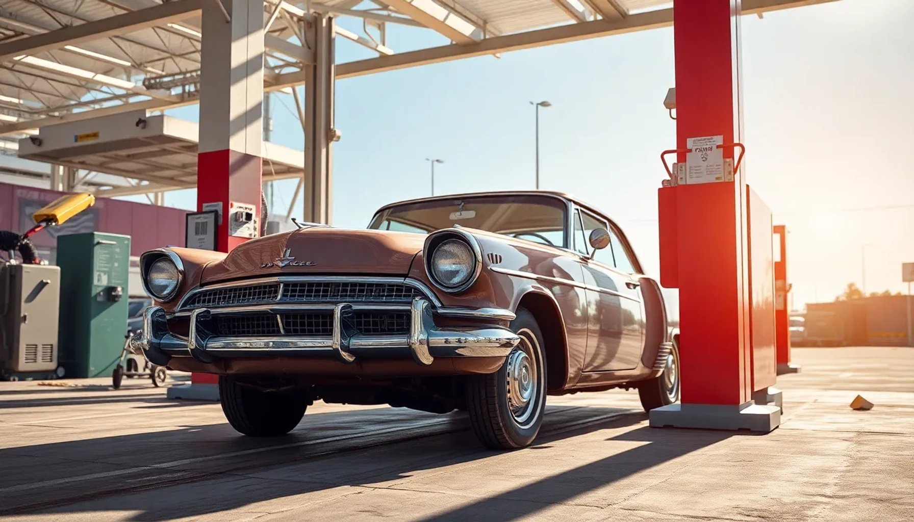 Coche antiguo siendo inspeccionado en una estación de ITV moderna bajo luz natural