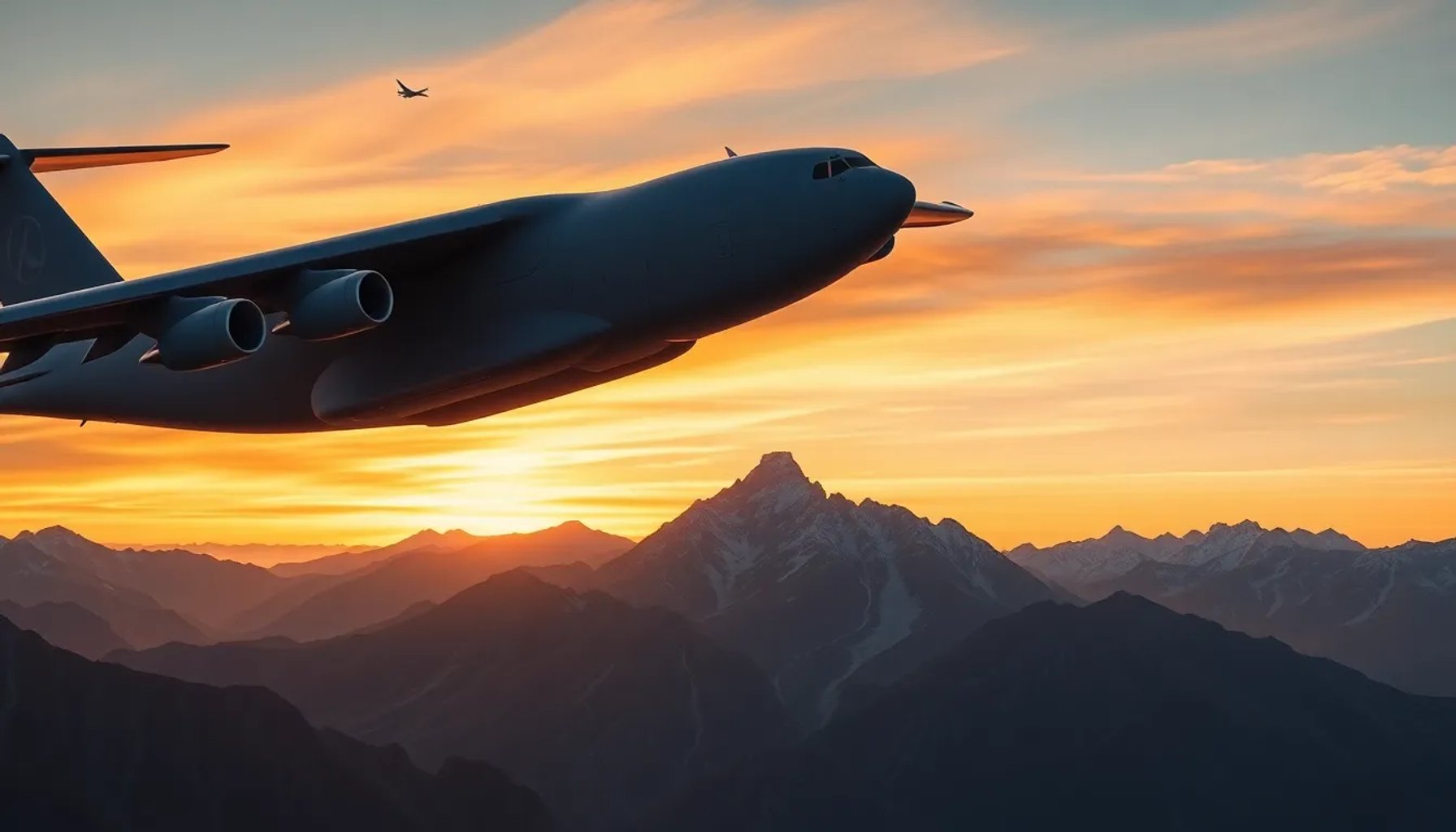 Avión C‑17 Globemaster III en vuelo sobre un paisaje montañoso al atardecer, mostrando su robusta estructura y alas extendidas