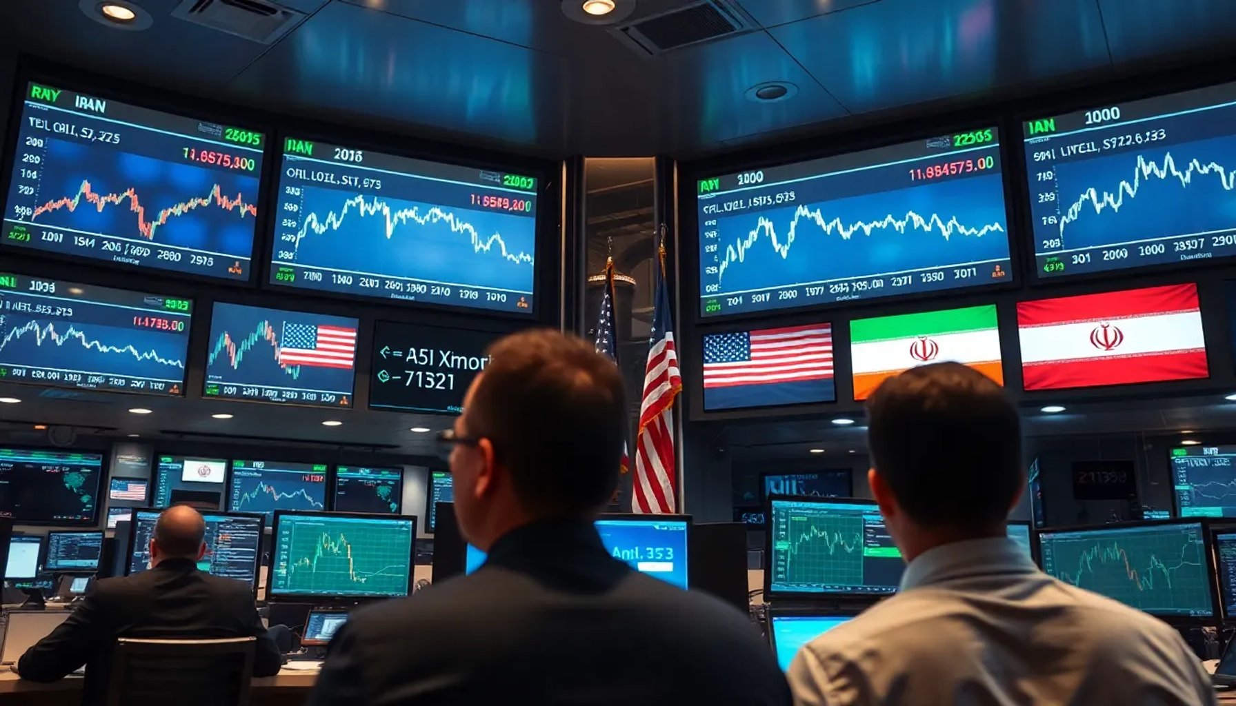Gráfica de bolsa con caída del precio del petróleo y símbolos de EE. UU. e Irán