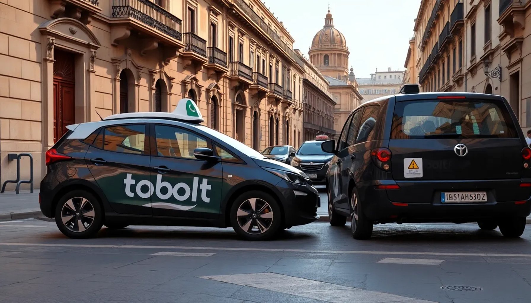 Escena de un coche de Bolt detenido frente a un taxi tradicional en una calle de Toledo, con letreros de sanción
