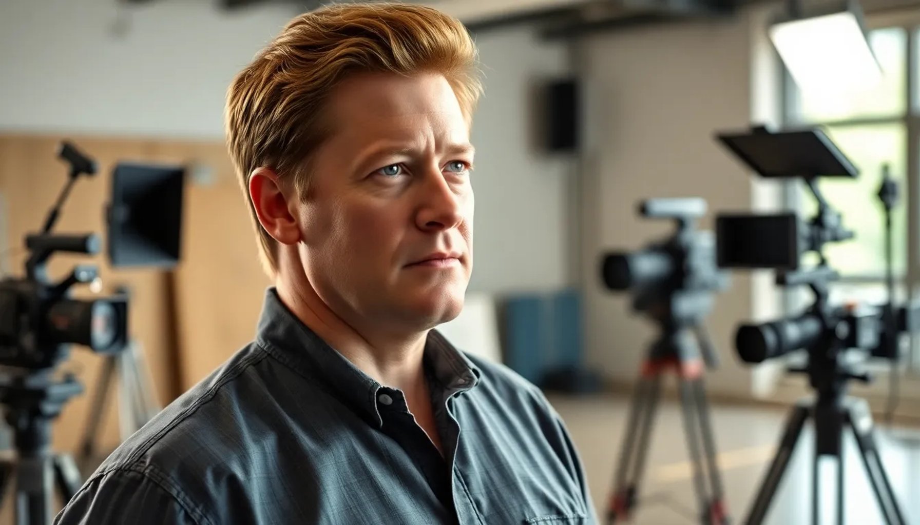 Brendan Fraser de pie en un estudio, mirando al horizonte con expresión reflexiva y serena