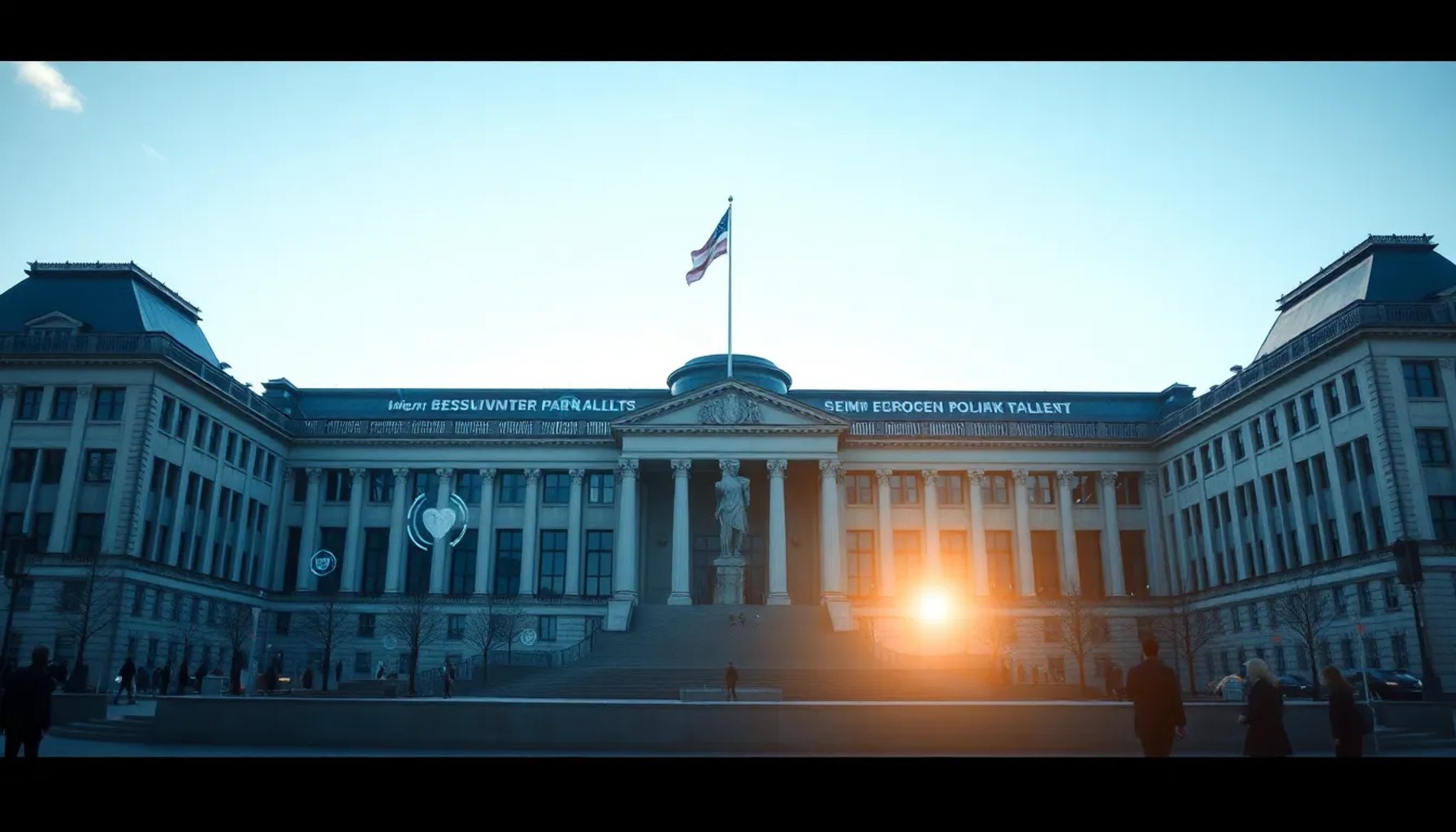 Imagen que muestra el edificio del Parlamento Europeo con símbolos de tecnología y datos