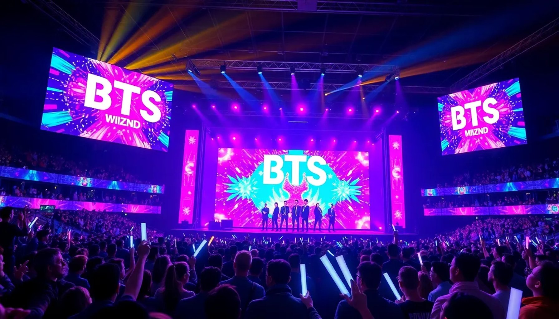 Concierto de BTS en el WiZink Center de Madrid con luces neón y fans con lightsticks