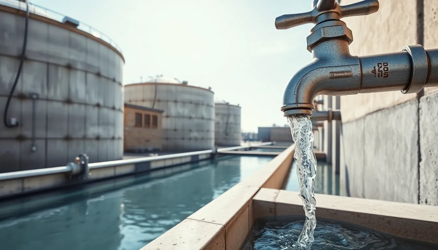Imagen del Canal de Isabel II en Madrid con tuberías y una llave de agua goteando