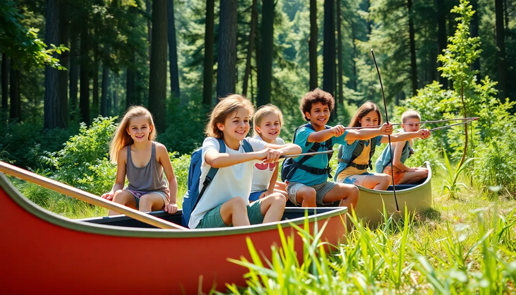 Grupo de niños y adolescentes realizando actividades al aire libre en un campamento de verano gratuito