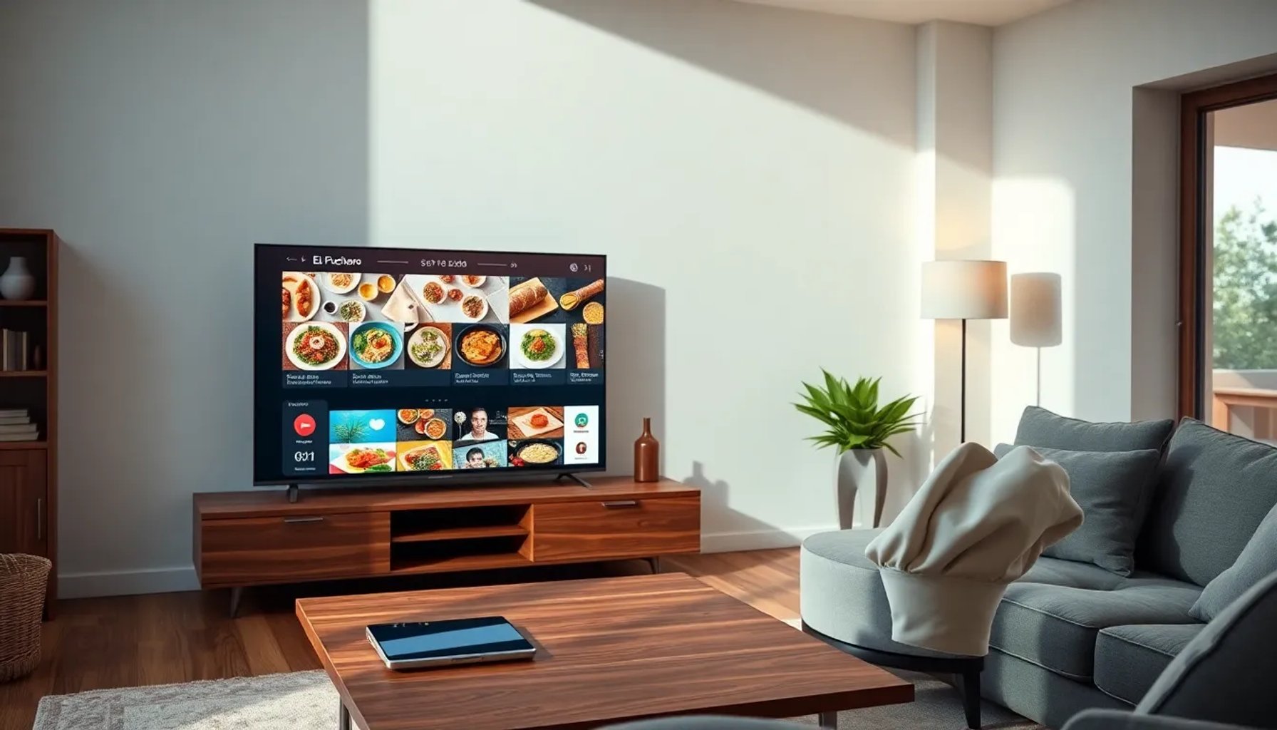 Pantalla de un televisor mostrando la interfaz de El Puchero con iconos de recetas y videos de cocina