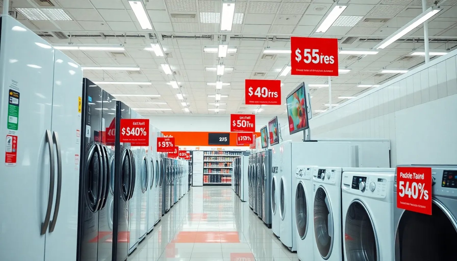 Pasillo de Carrefour con electrodomésticos en oferta, etiquetas de descuento visibles
