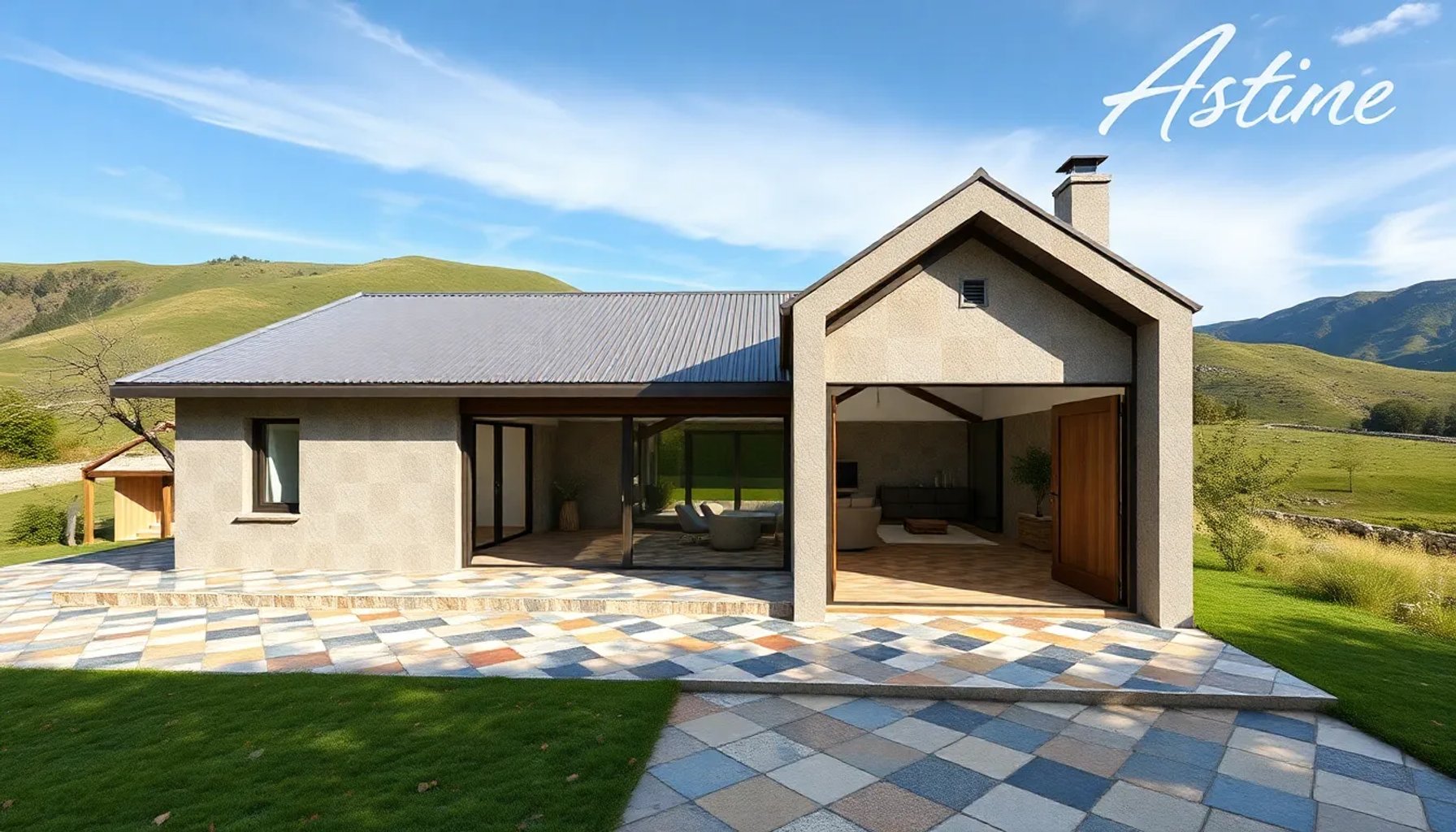 Fachada de una casa de 368 m² en Asturias con suelos de mosaico inspirados en Antoni Gaudí