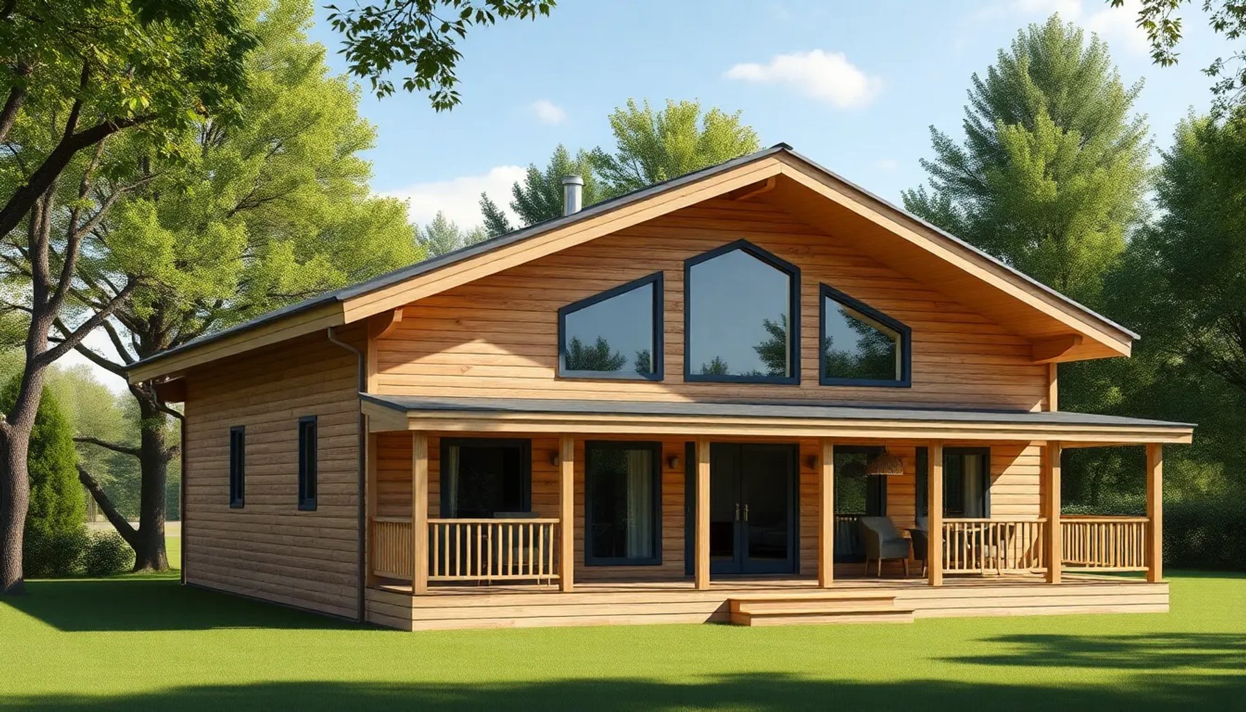 Casa prefabricada de madera de tres habitaciones con porche, vista frontal, rodeada de vegetación