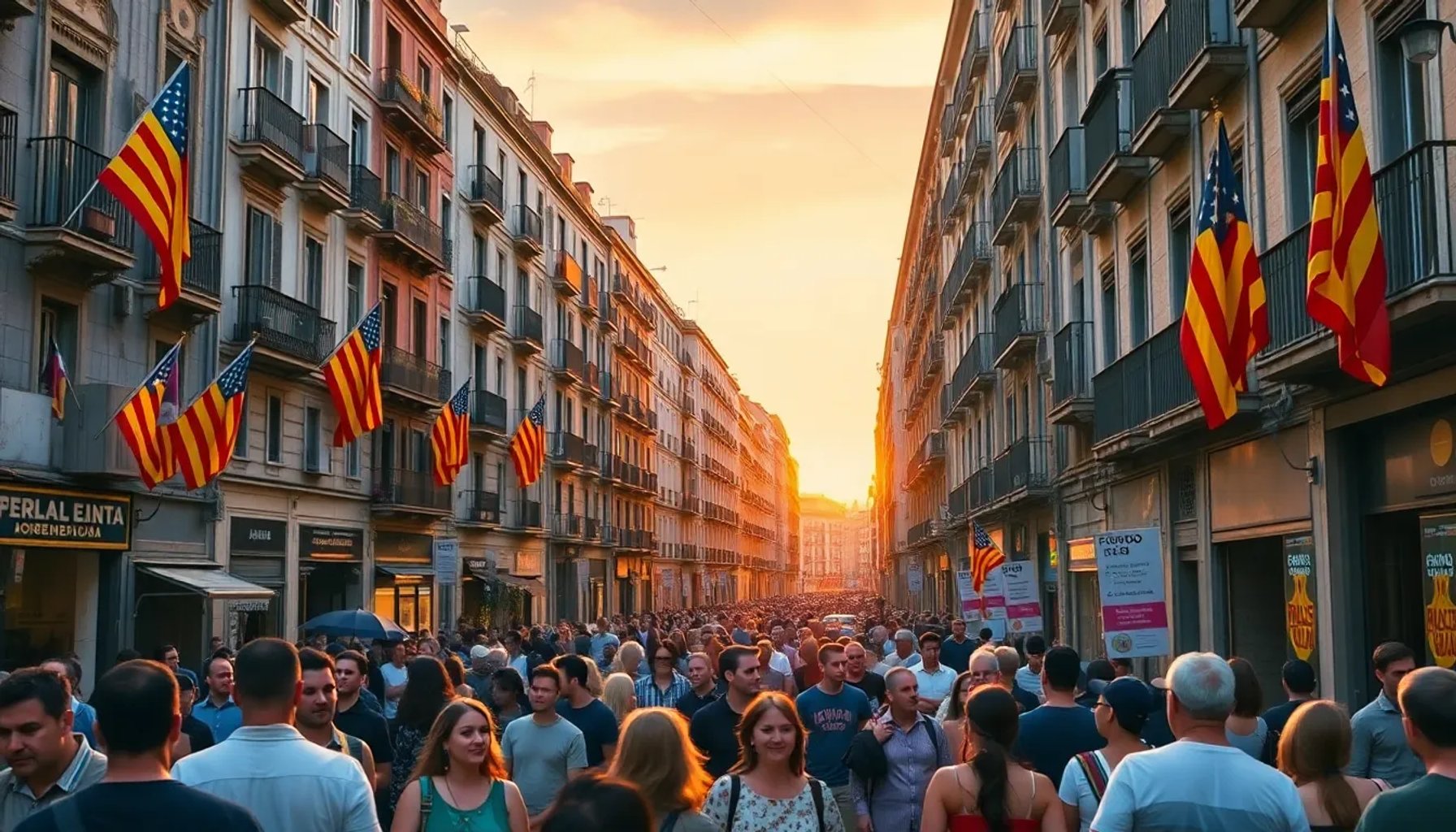 Imagen de una calle de Barcelona con banderas catalanas y símbolos de diversa ideología política
