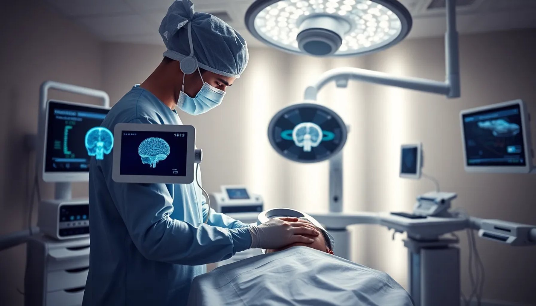 Cirujano usando tecnología de ultrasonido focalizado en el cerebro de un paciente con Alzheimer en un quirófano moderno