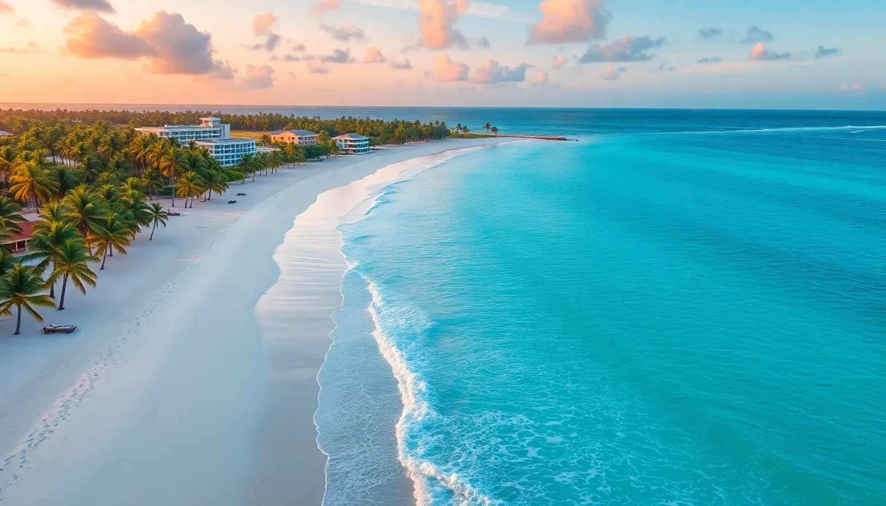 Playa de Punta Cana con palmeras y aguas turquesas bajo un cielo azul claro