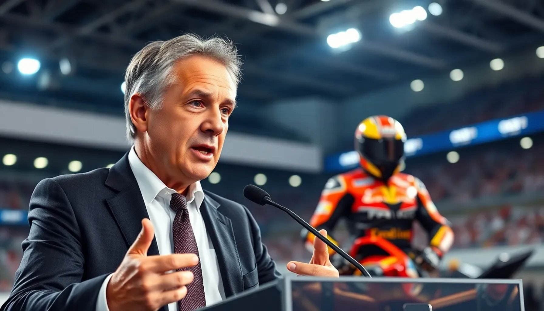 Luca Rivola, CEO de Aprilia, hablando en una conferencia de prensa mientras Jorge Martín observa de fondo