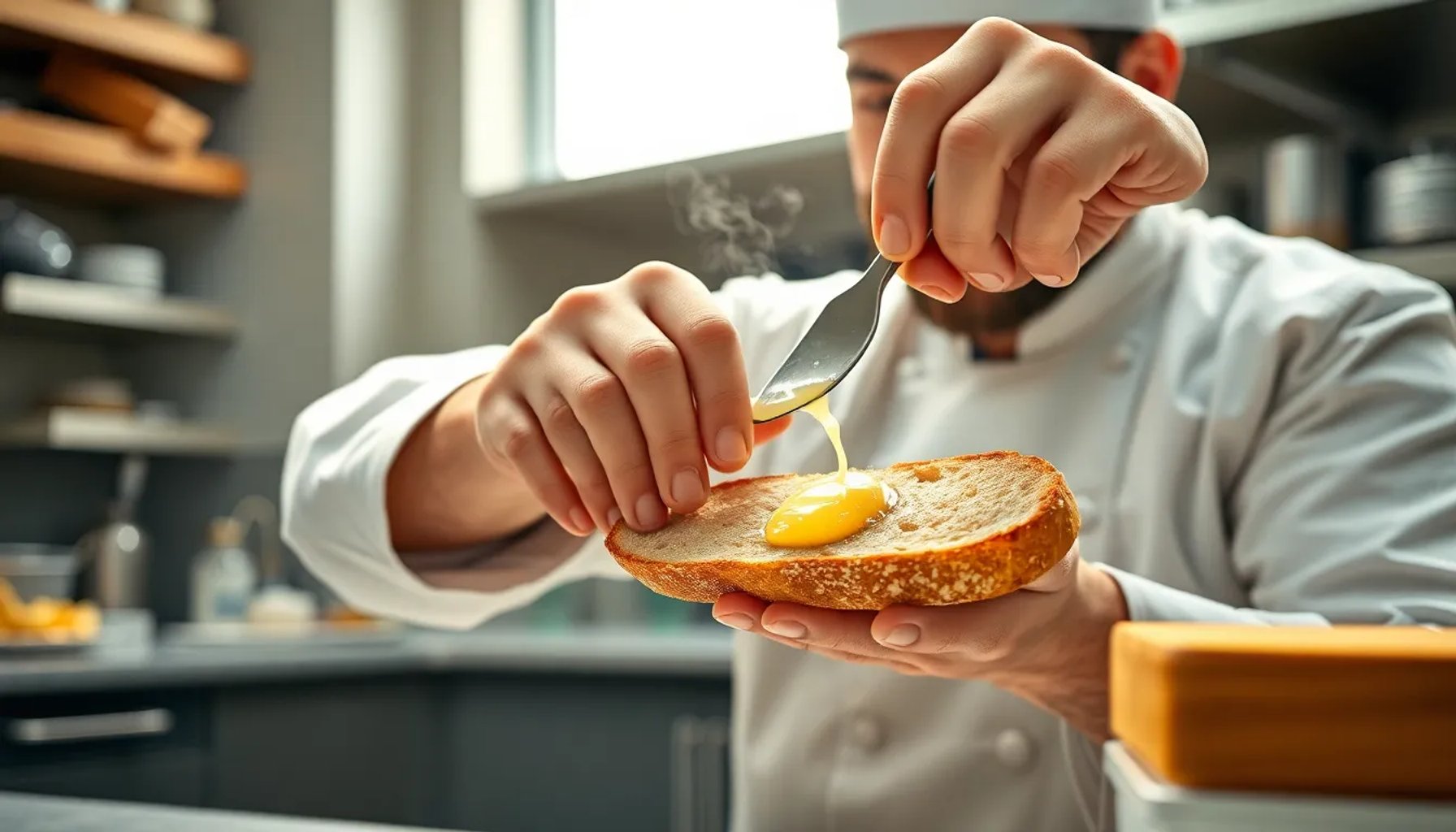 Chef con estrella Michelin untando mantequilla en pan para sándwich crujiente