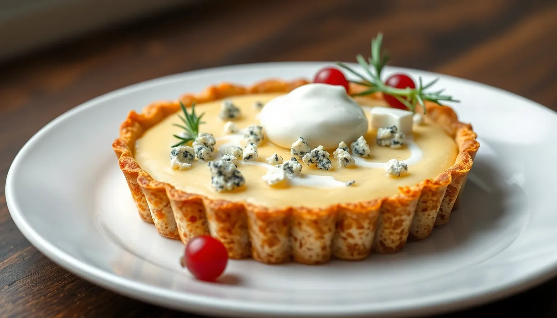 Tarta de queso vasca con nata y queso azul, servida en plato elegante