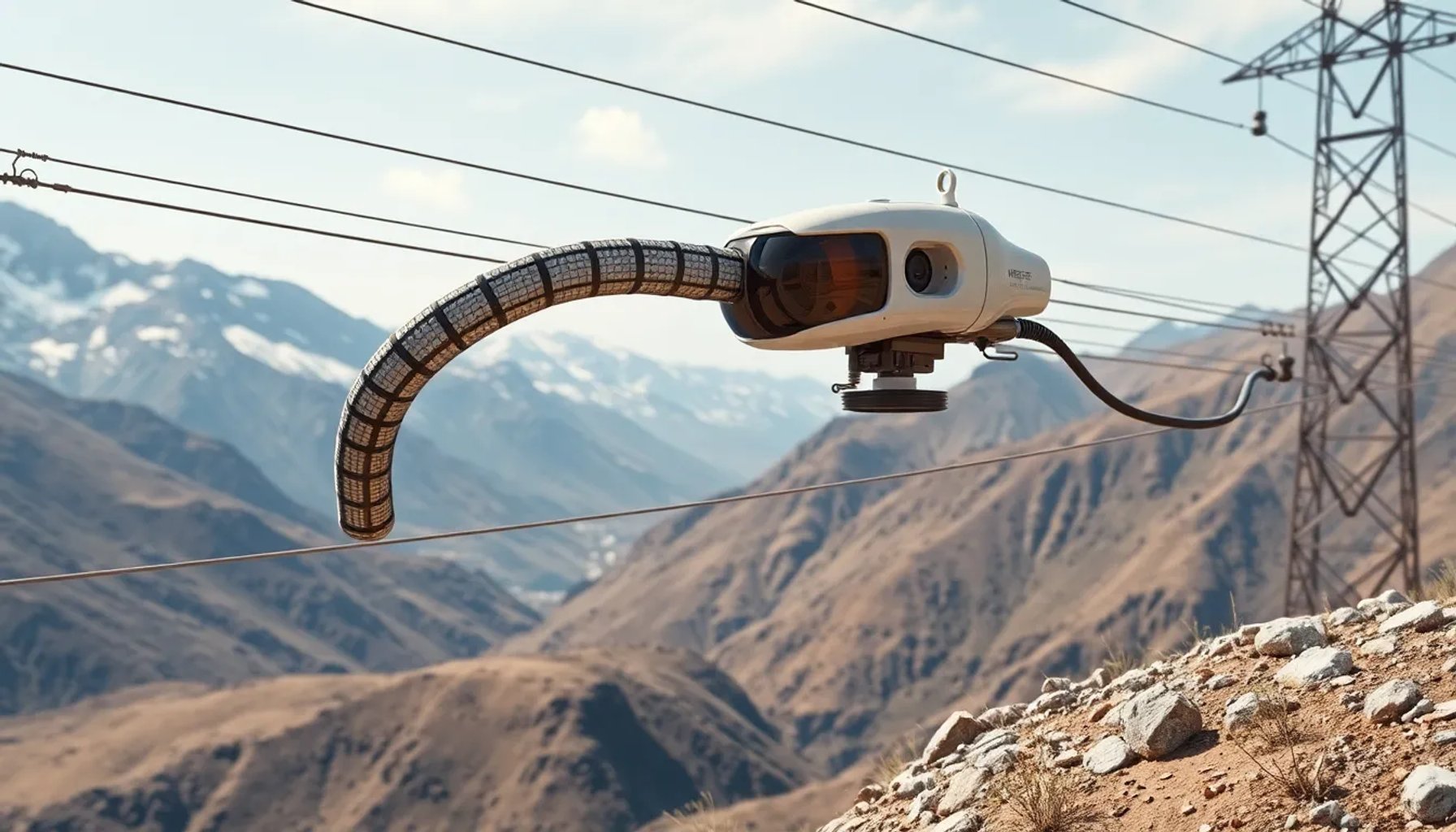 Robot con forma de serpiente deslizando sobre un cable de alta tensión bajo un cielo azul