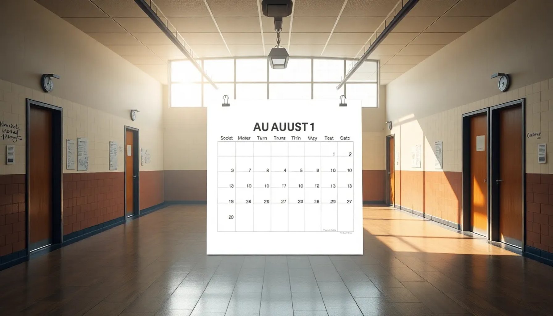 Imagen de una escuela vacía con puertas cerradas y un calendario marcando agosto