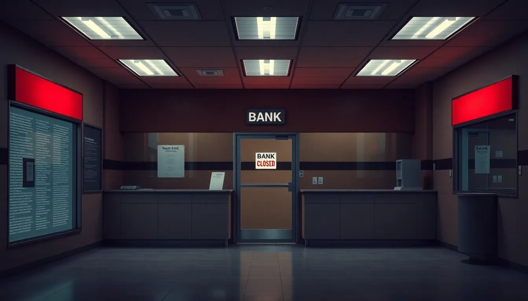 Vista de una sucursal bancaria vacía con luces apagadas y una señal de cierre temporal