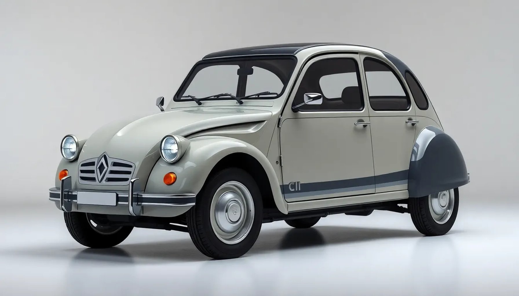 Prototipo eléctrico del clásico Citroën 2 CV bajo luces de estudio, resaltando su diseño retro‑moderno