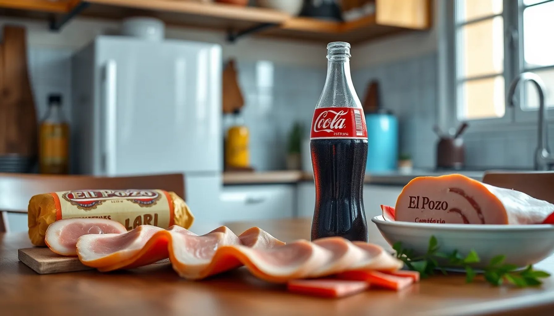 Botellas de Coca‑Cola, embutidos de El Pozo y jamón de Campofrío sobre una mesa española