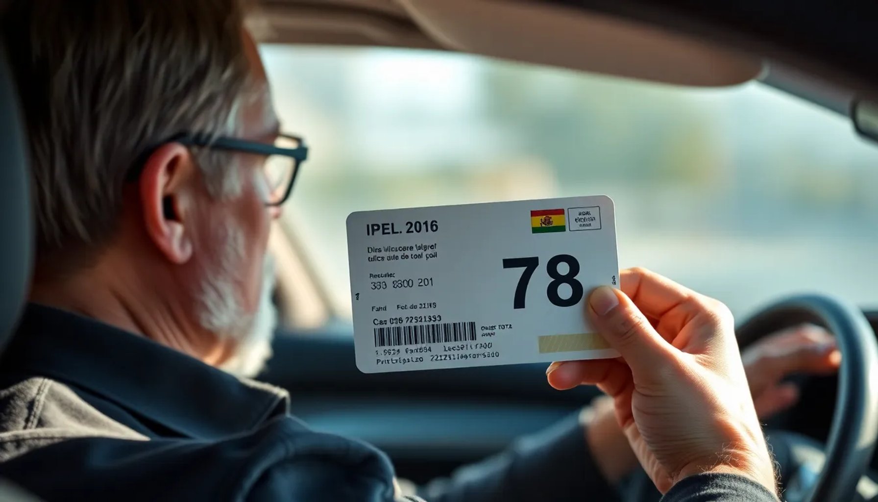 Conductor revisando el código 78 en su carnet de conducir dentro del vehículo