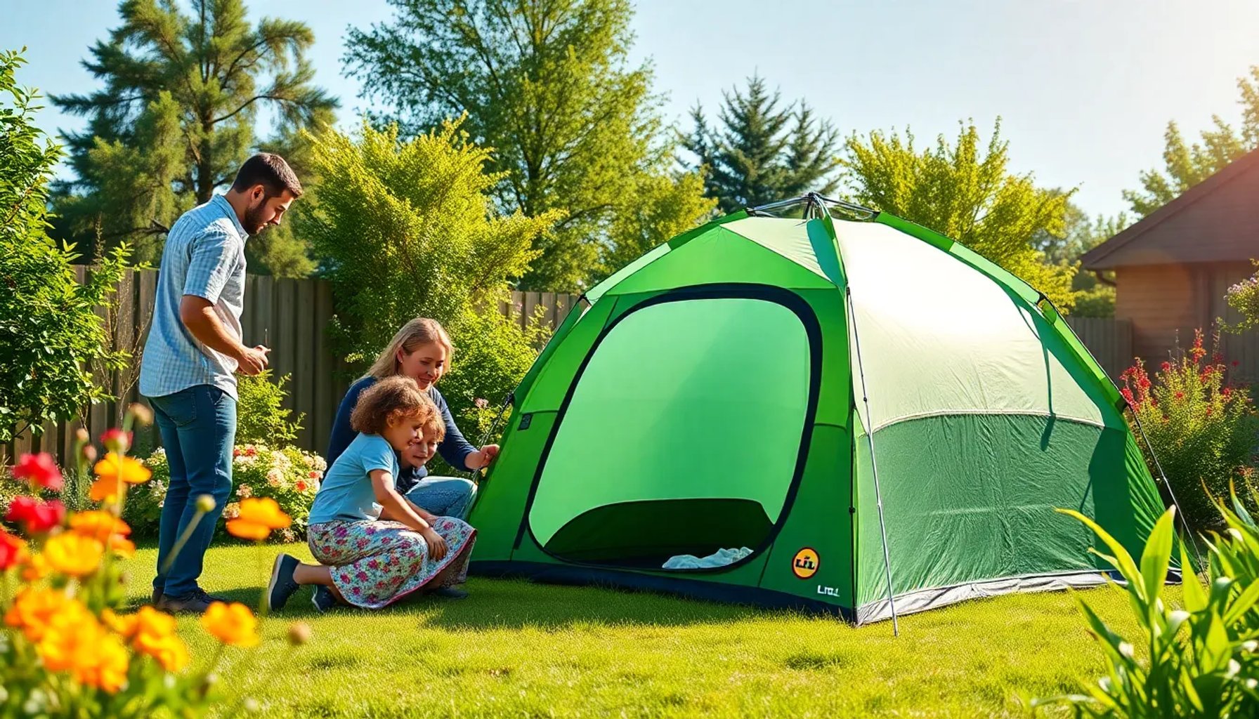 Familia montando una carpa plegable de Lidl en un jardín soleado, sin herramientas, con la estructura compacta desplegada