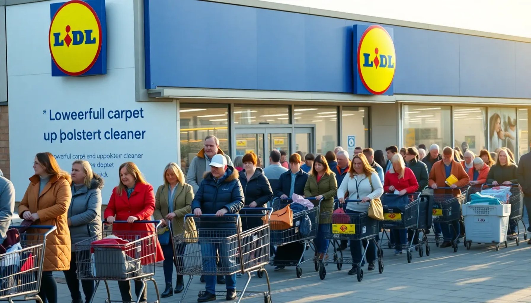 Cliente esperando en larga fila frente a la entrada de un supermercado Lidl, con cajas de limpiador de alfombras en exhibición