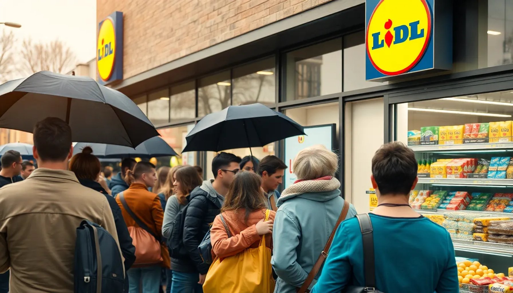 Cliente esperando en una larga fila frente a la entrada de una tienda Lidl para comprar una tira de luces LED de bajo precio
