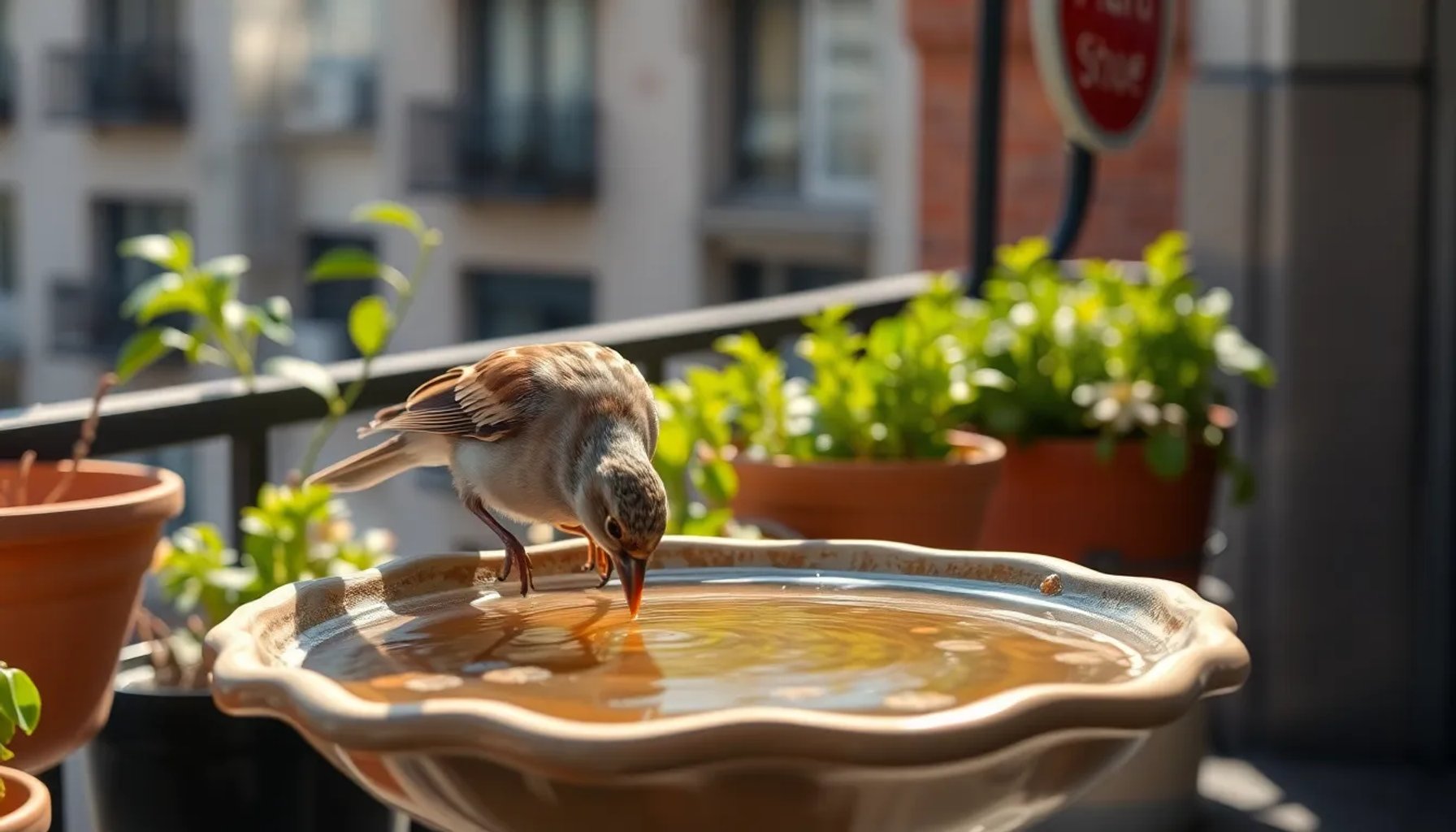 Pajarito bebido de un bebedero en una terraza urbana bajo sol intenso