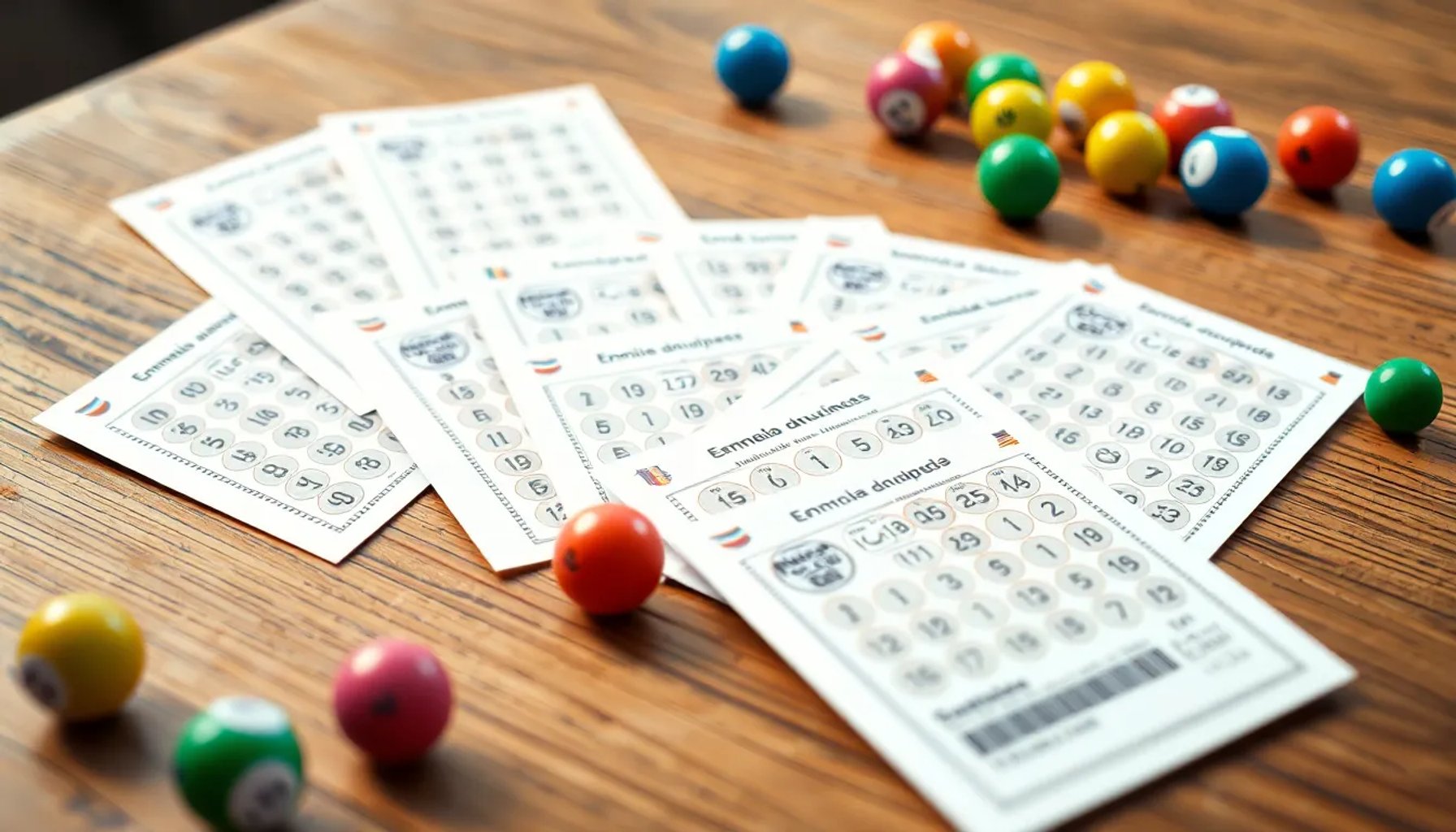 Boletos de la Primitiva sobre una mesa con bolas de lotería y fondo desenfocado