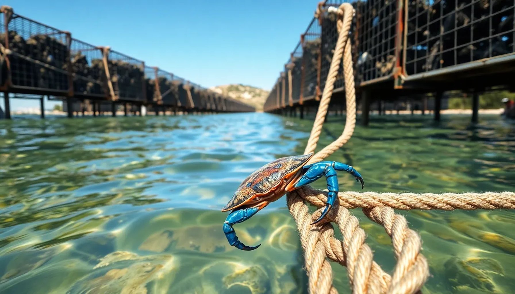 Ostras sobre una tabla de madera junto a un cangrejo azul en la costa mediterránea