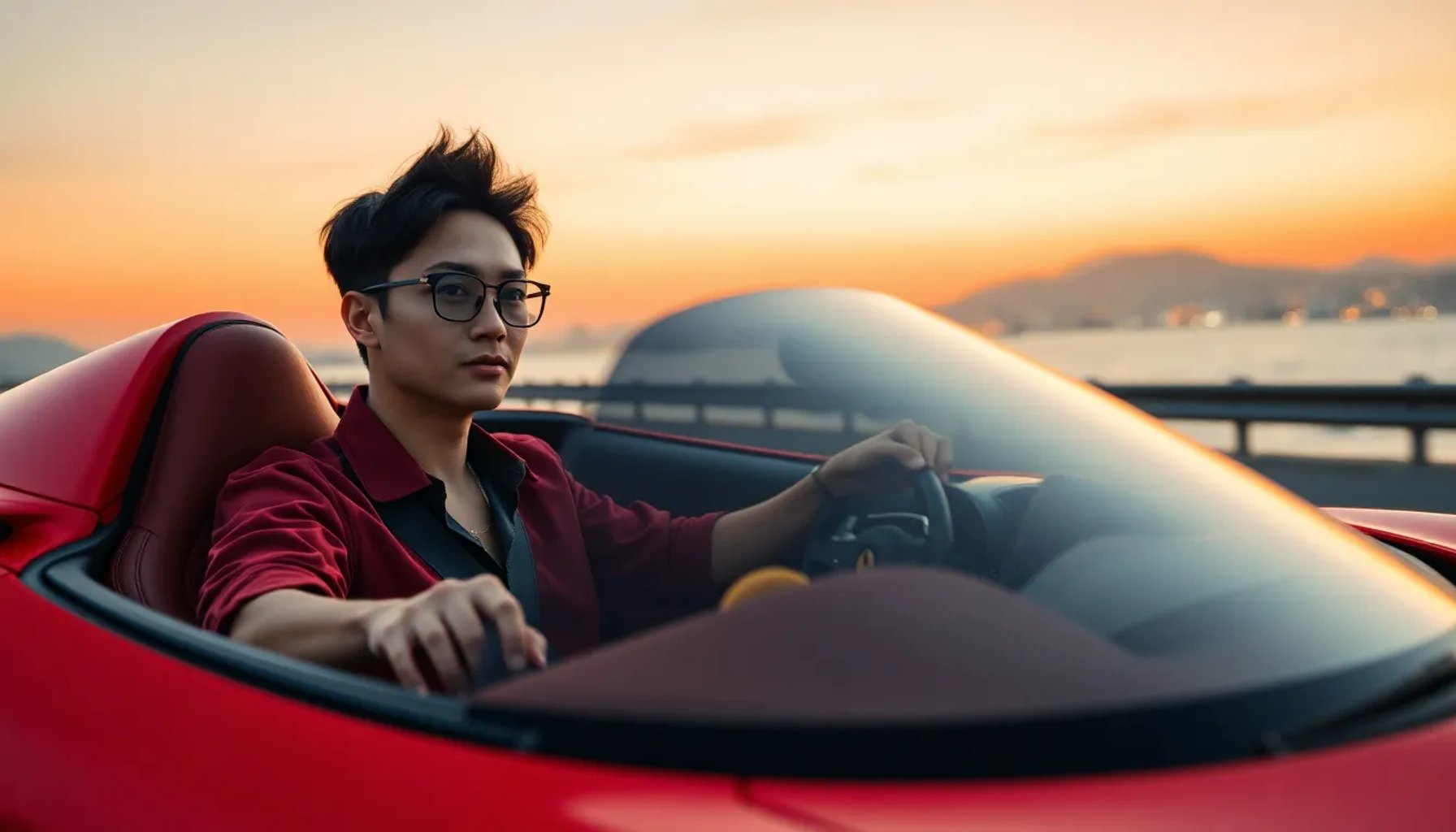 Joven japonés de la Generación Z conduciendo un Ferrari rojo en una carretera costera, con luces de la ciudad al atardecer