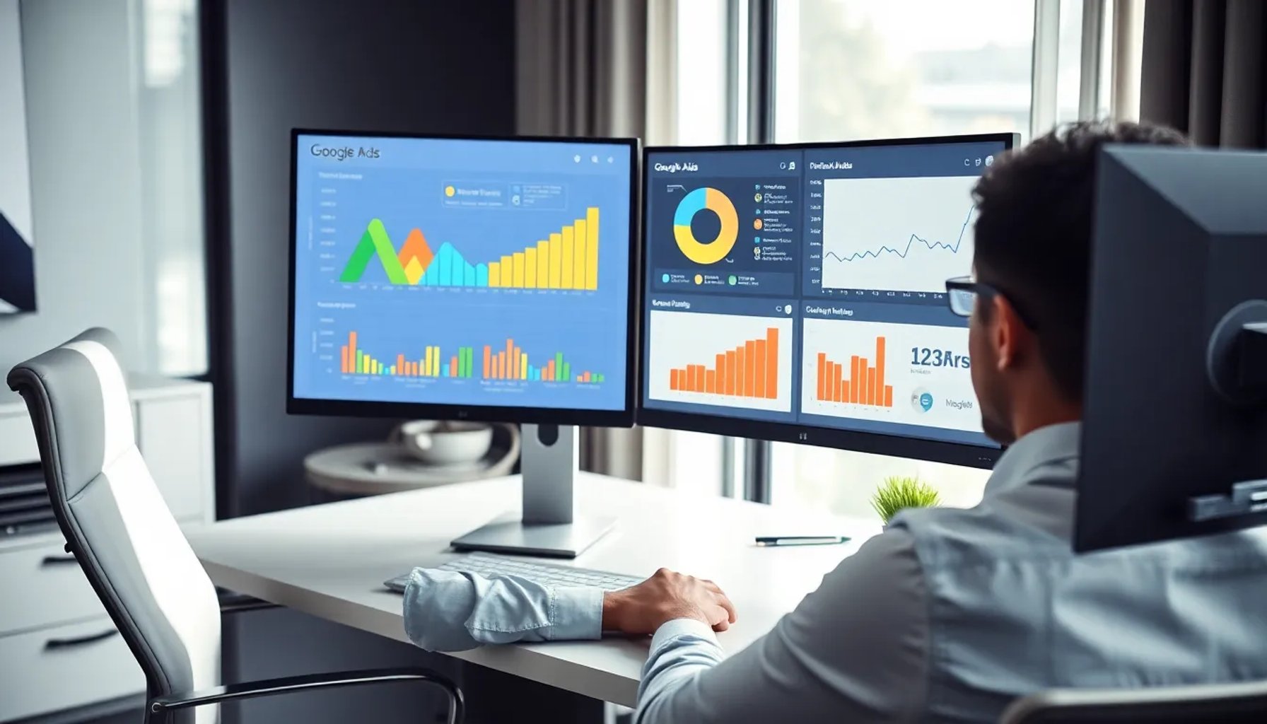 Empresario revisando métricas de campañas de Google Ads en una pantalla de ordenador