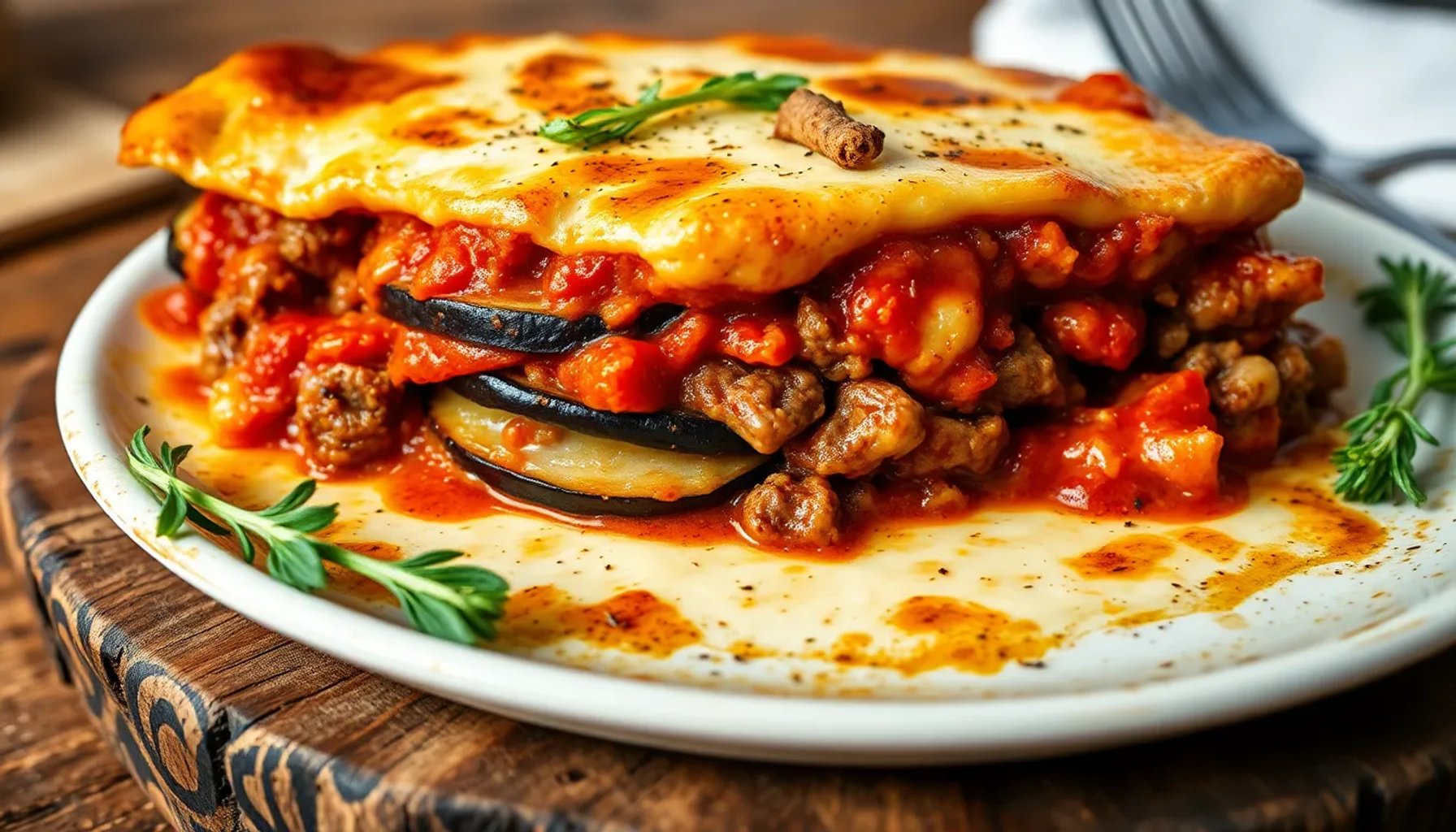 Plato de musaka griega al horno con capas de berenjena, carne y bechamel dorada