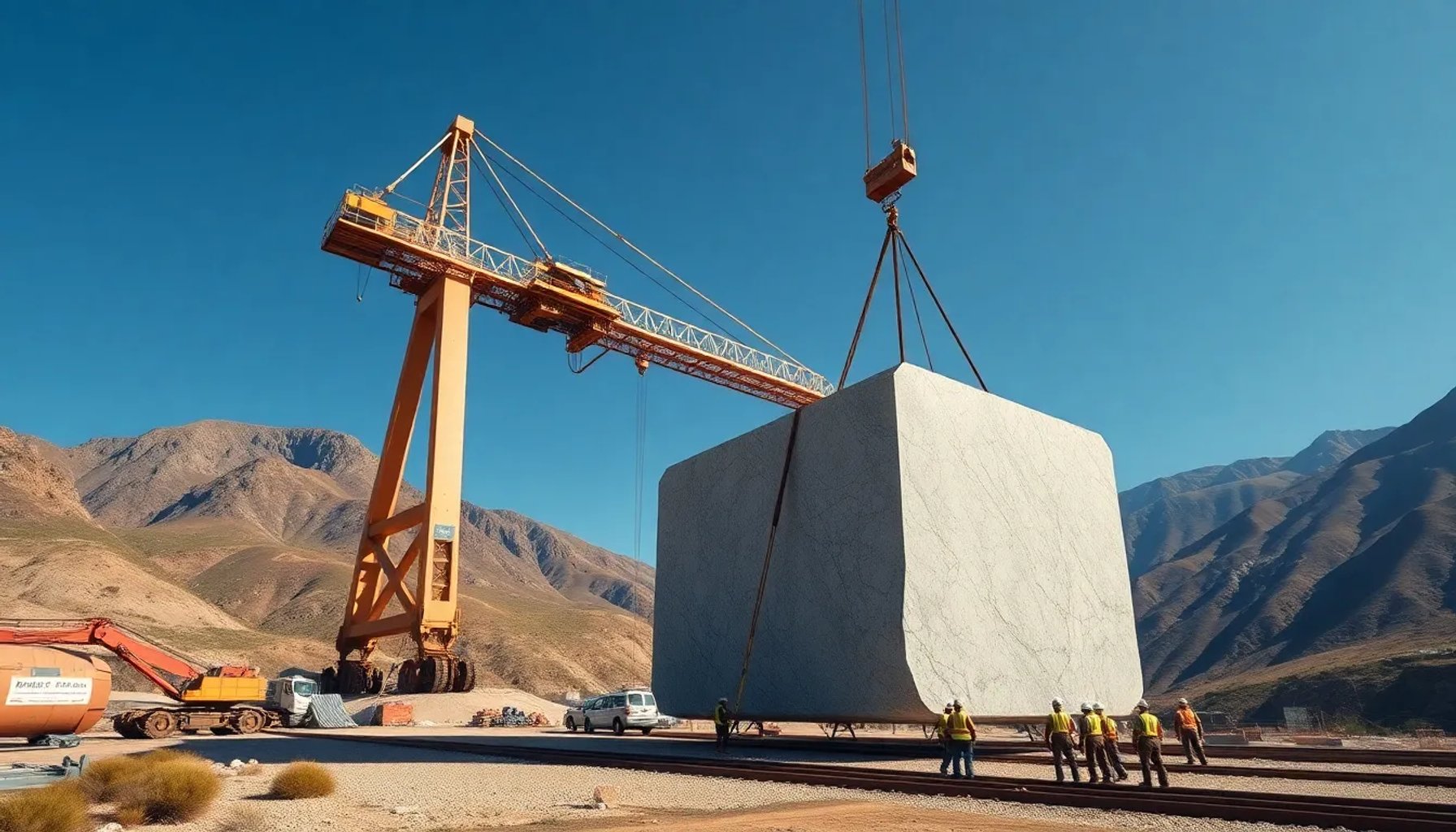 Ingenieros supervisan la gigantesca grúa y la estructura temporal para mover una pieza de 137 toneladas en la Alpujarra