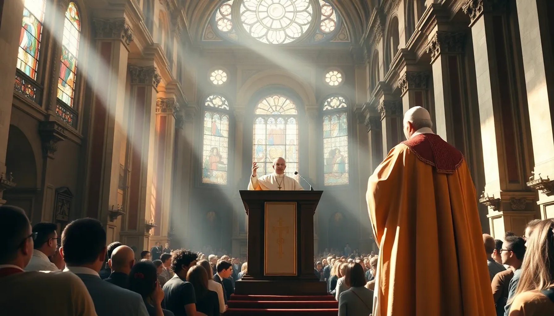 Pope Leo XIV speaking to a crowd during his visit in a Spanish cathedral