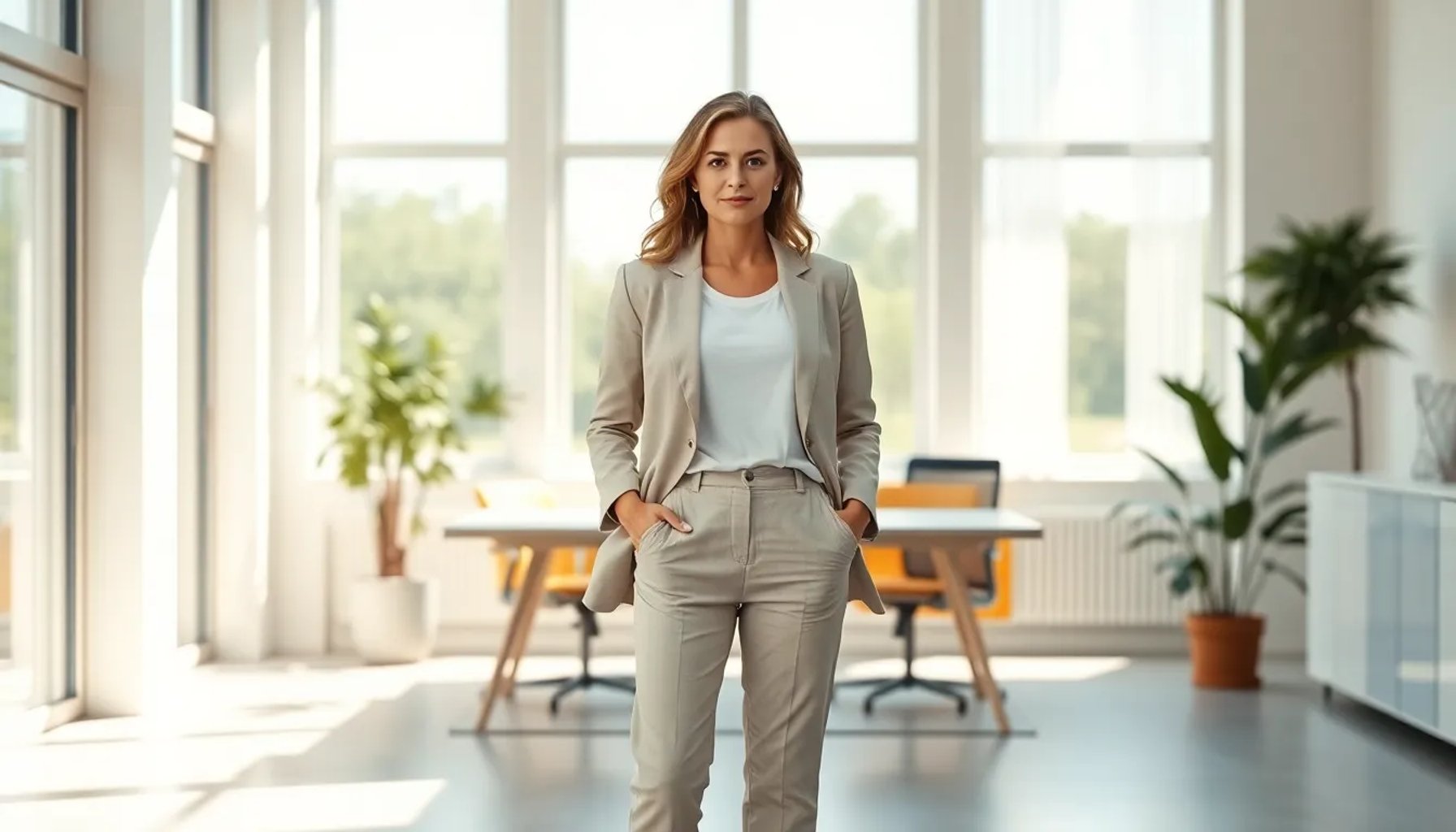 Mujer profesional en oficina de verano, vestida con blazer de lino y pantalón claro, sonriendo bajo luz natural