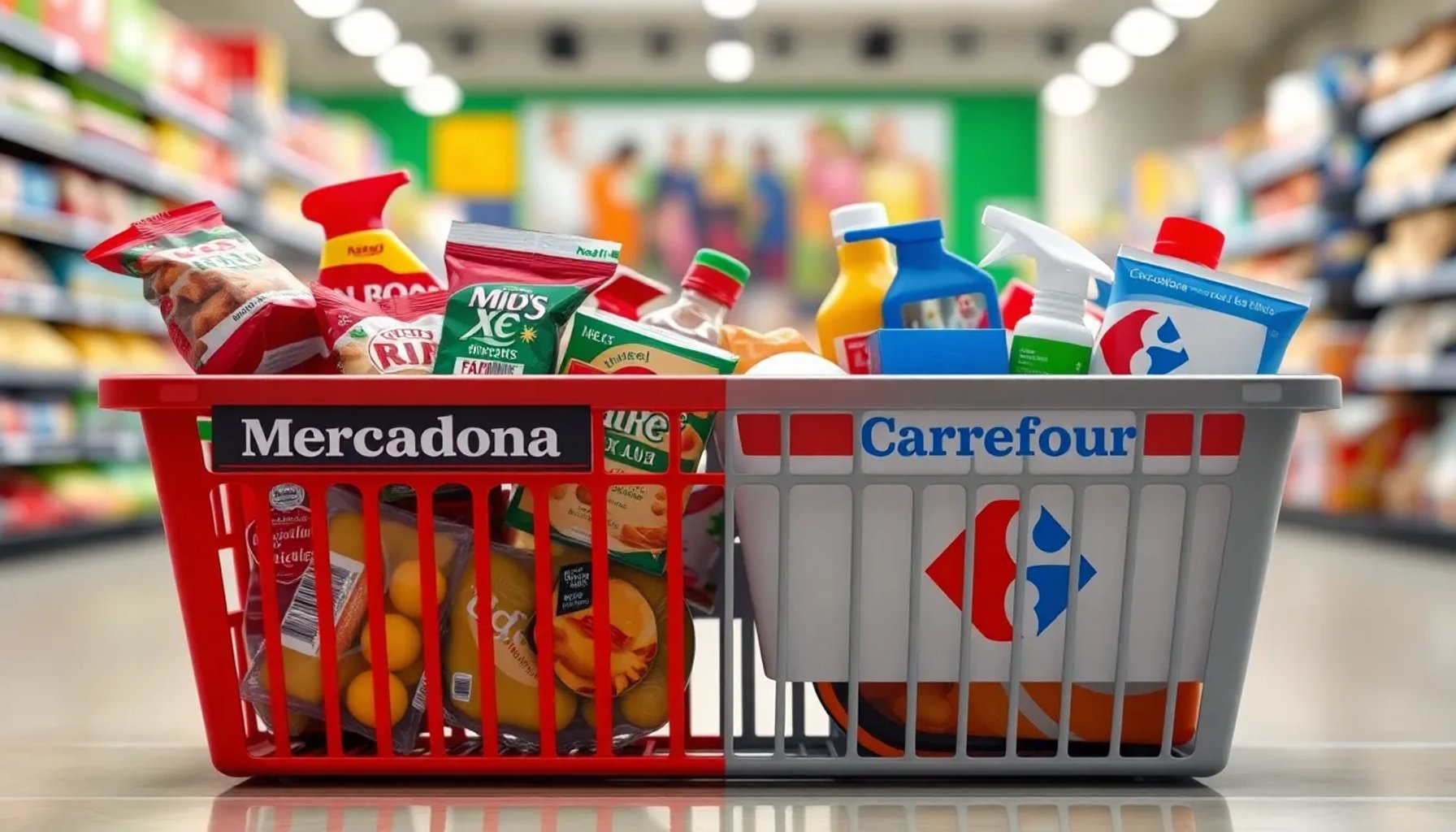 Imagen que muestra una cesta de la compra con productos de Mercadona y Carrefour lado a lado